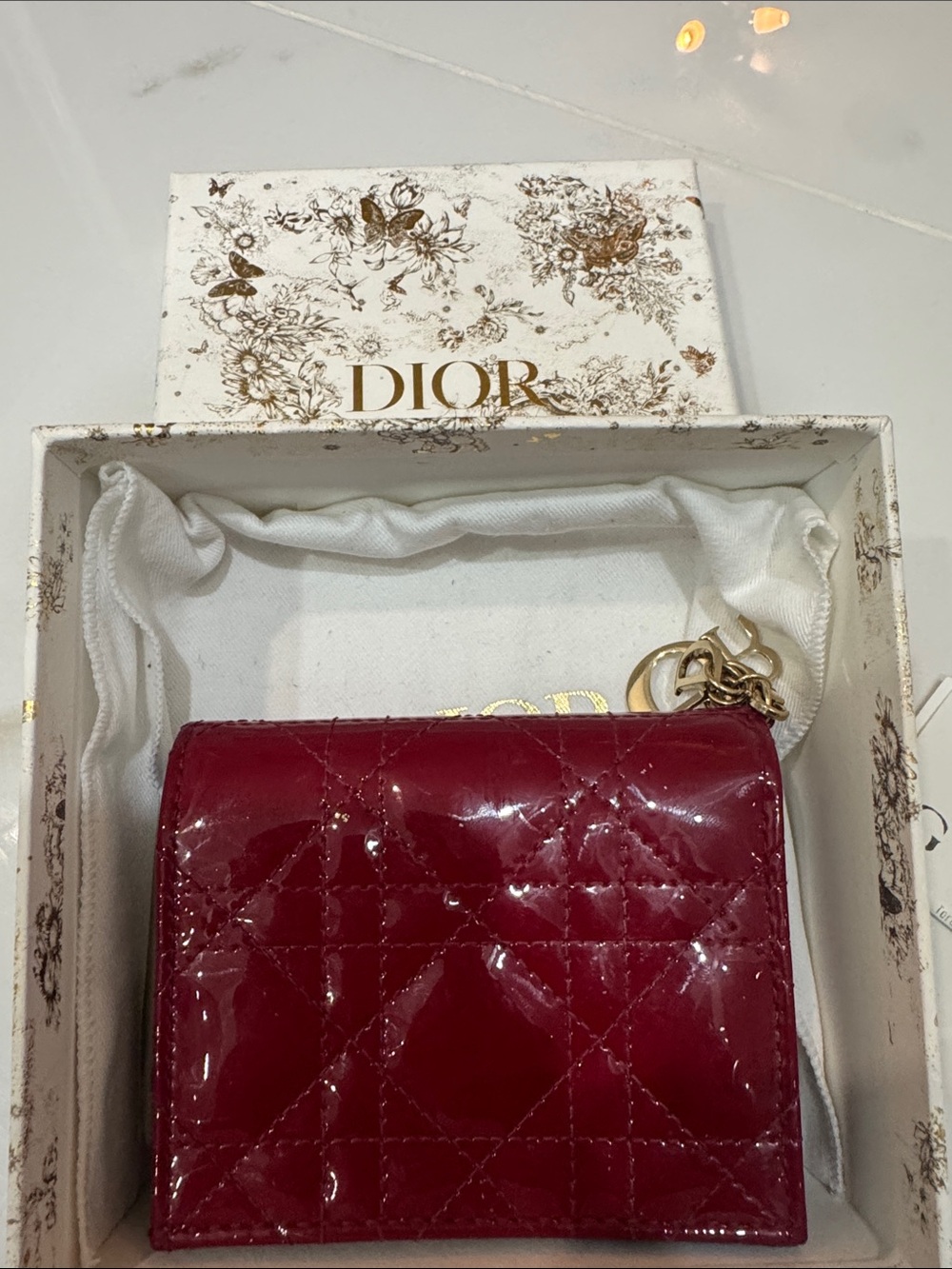 Dior Quilted Patent Leather Mini Wallet - Burgundy with Gold Hardware
